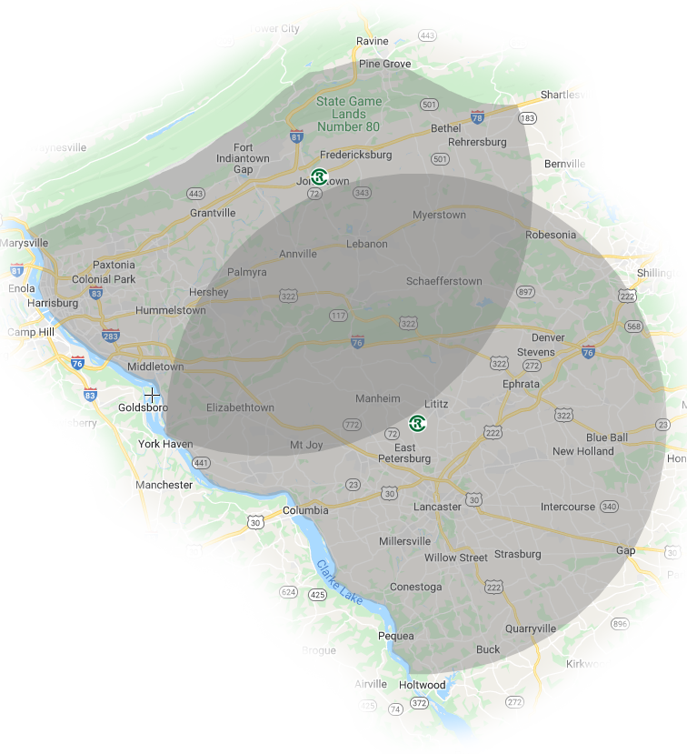 Rohrer's Concrete plants marked on a map with approximate delivery area