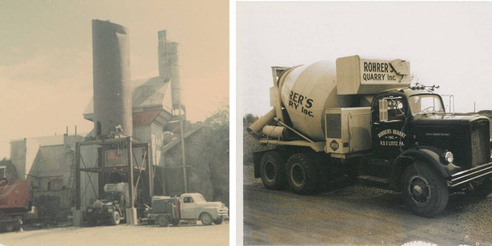 Two images from 1962: a medium-sized stone crusher and an old Rohrer's concrete truck