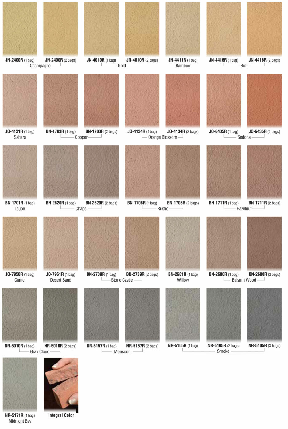 37 concrete colors of tans, oranges, browns, and grays